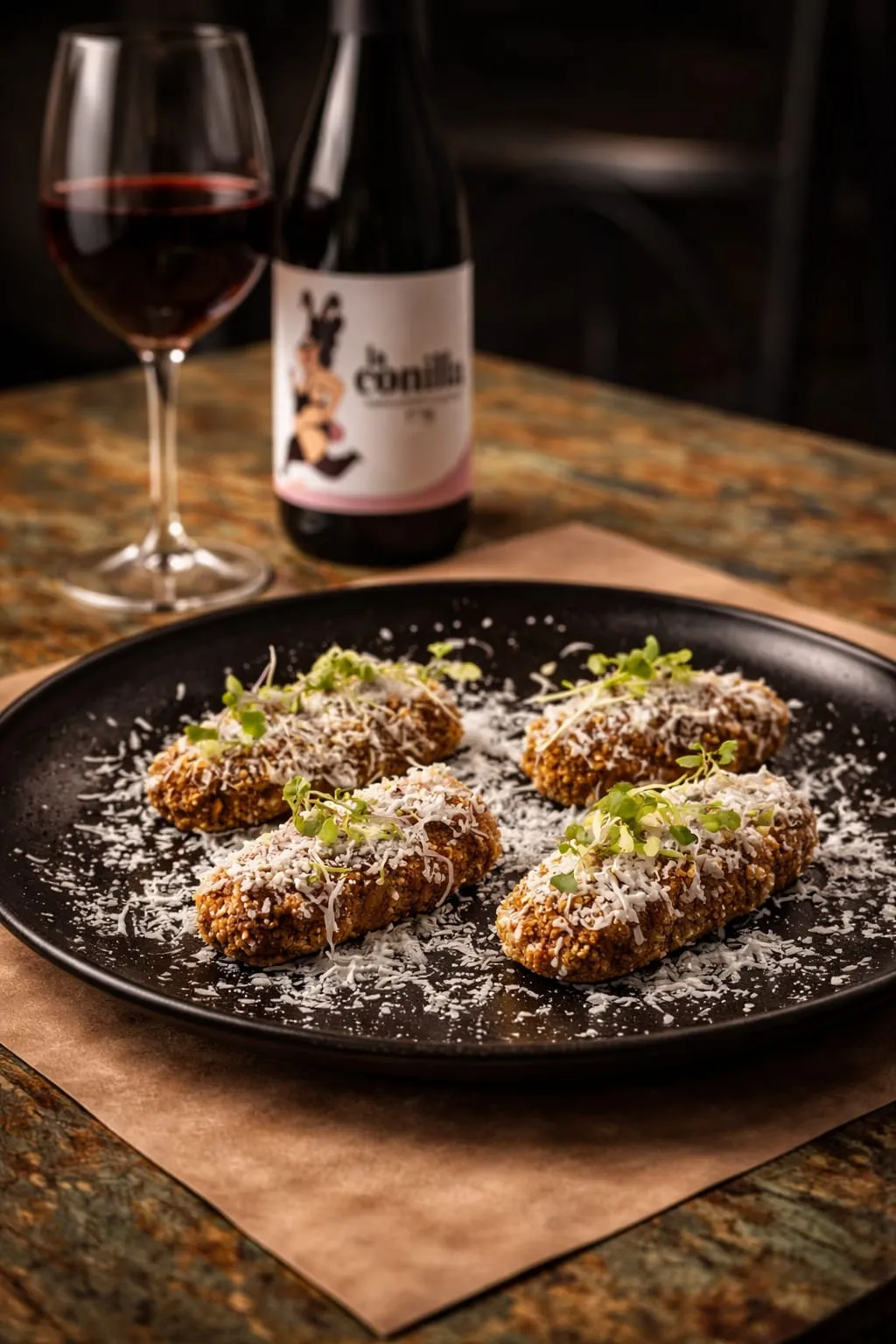 Croquetes de pernil amb una ampolla de vi negre del Montsant